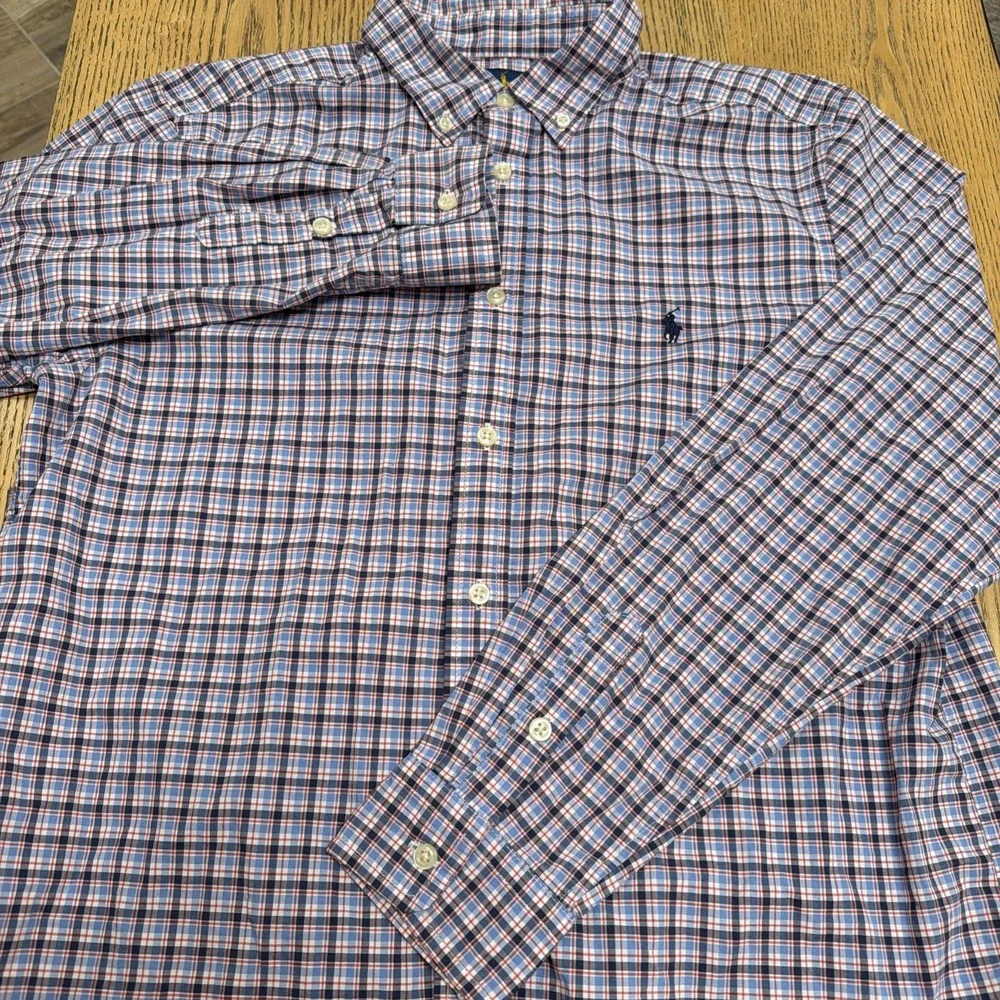 Ralph Lauren Boys XL 18-20 Plaid Button Down Shirt Natural Stretch Blue Red